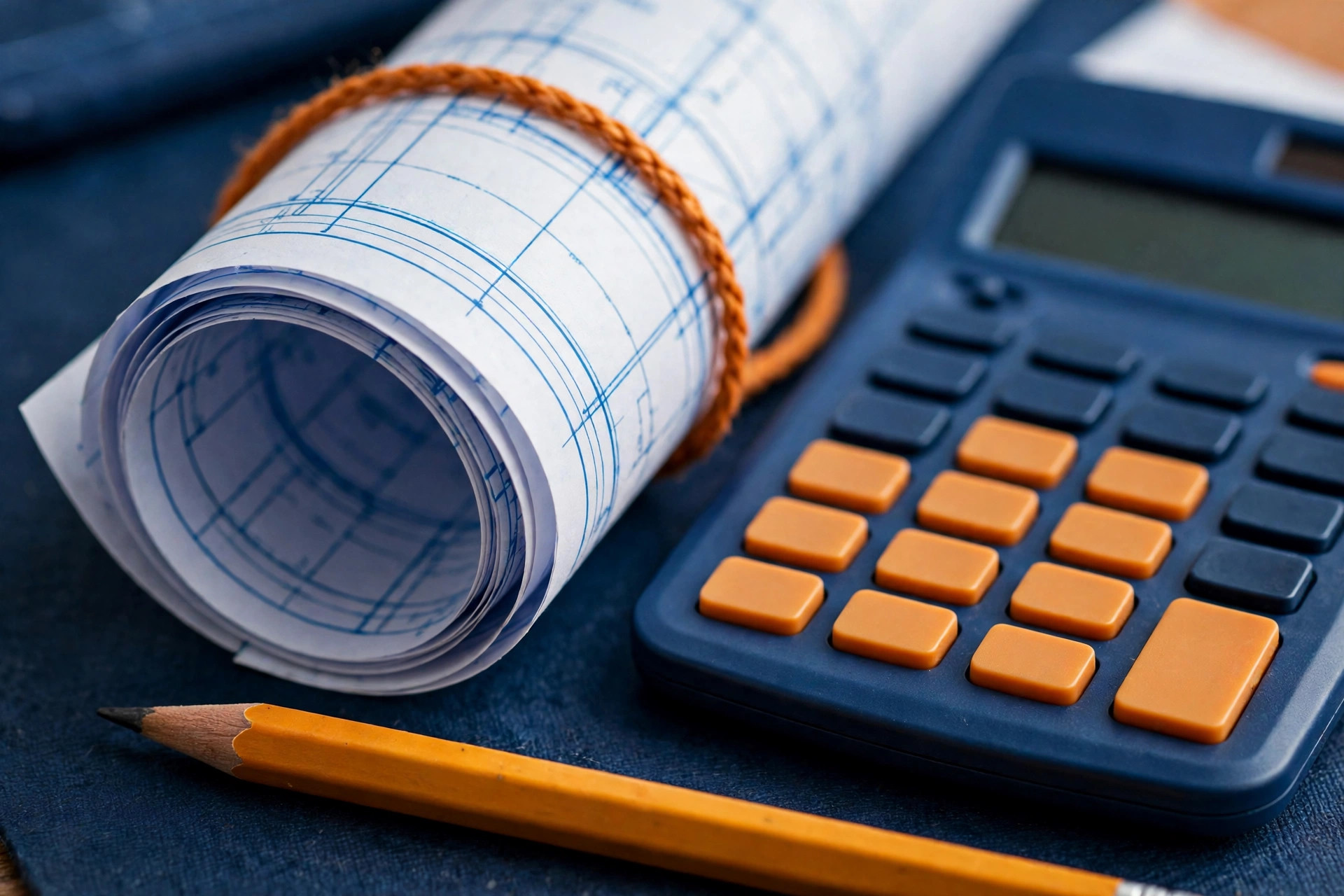 Rolled construction blueprints with calculator and pencil