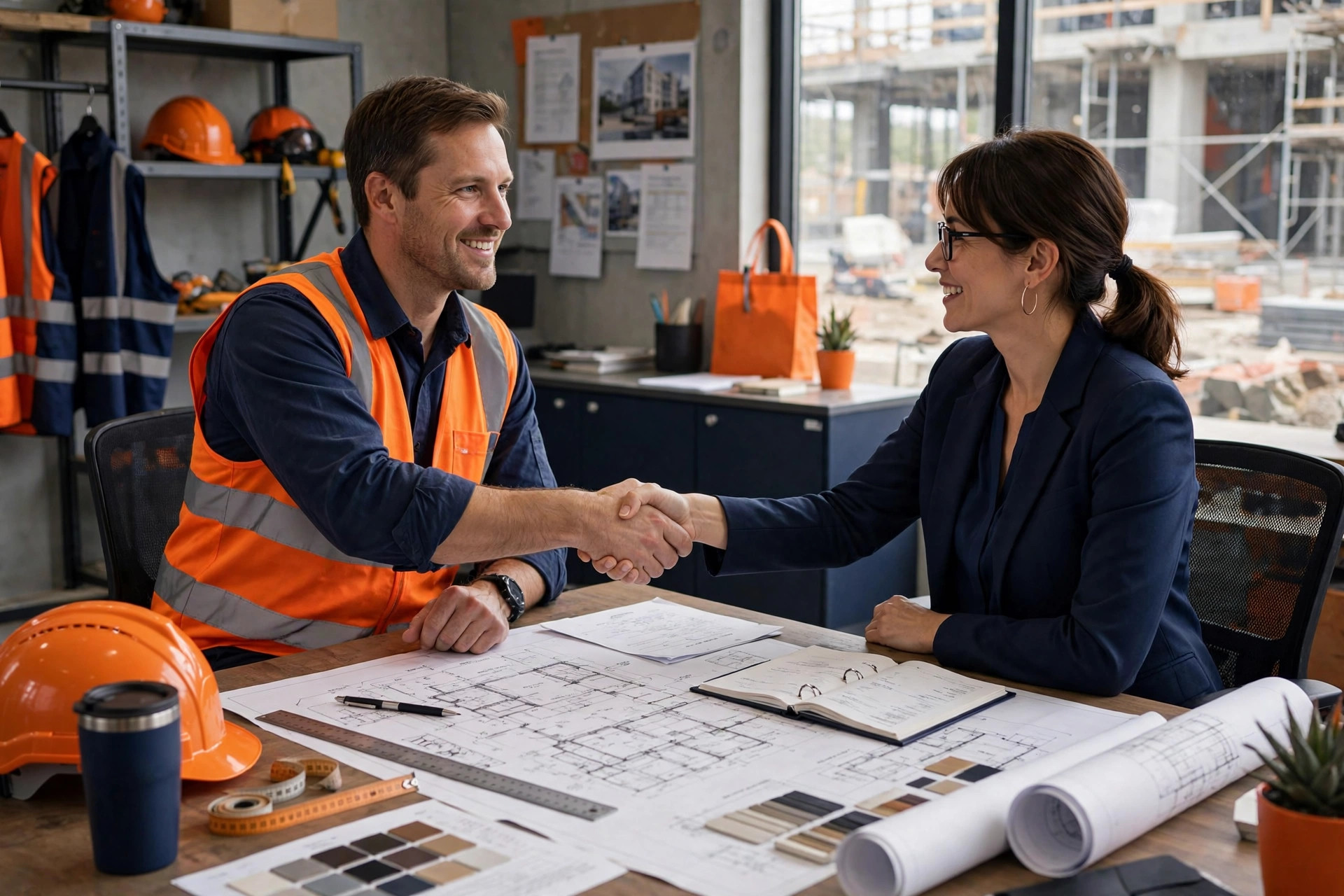 Contractor and estimator shaking hands over project plans