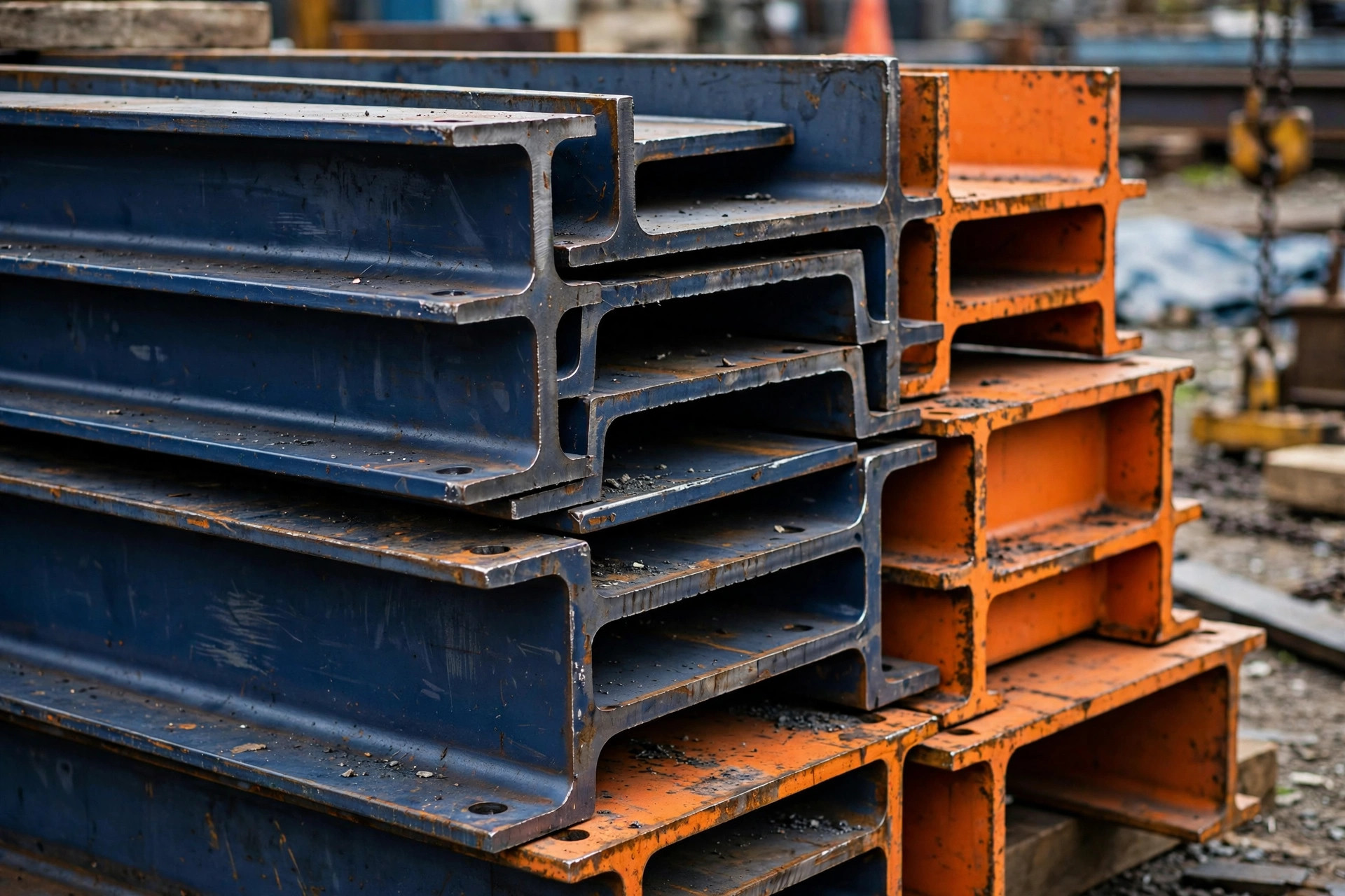 Stacked wide-flange steel I-beams at fabrication yard