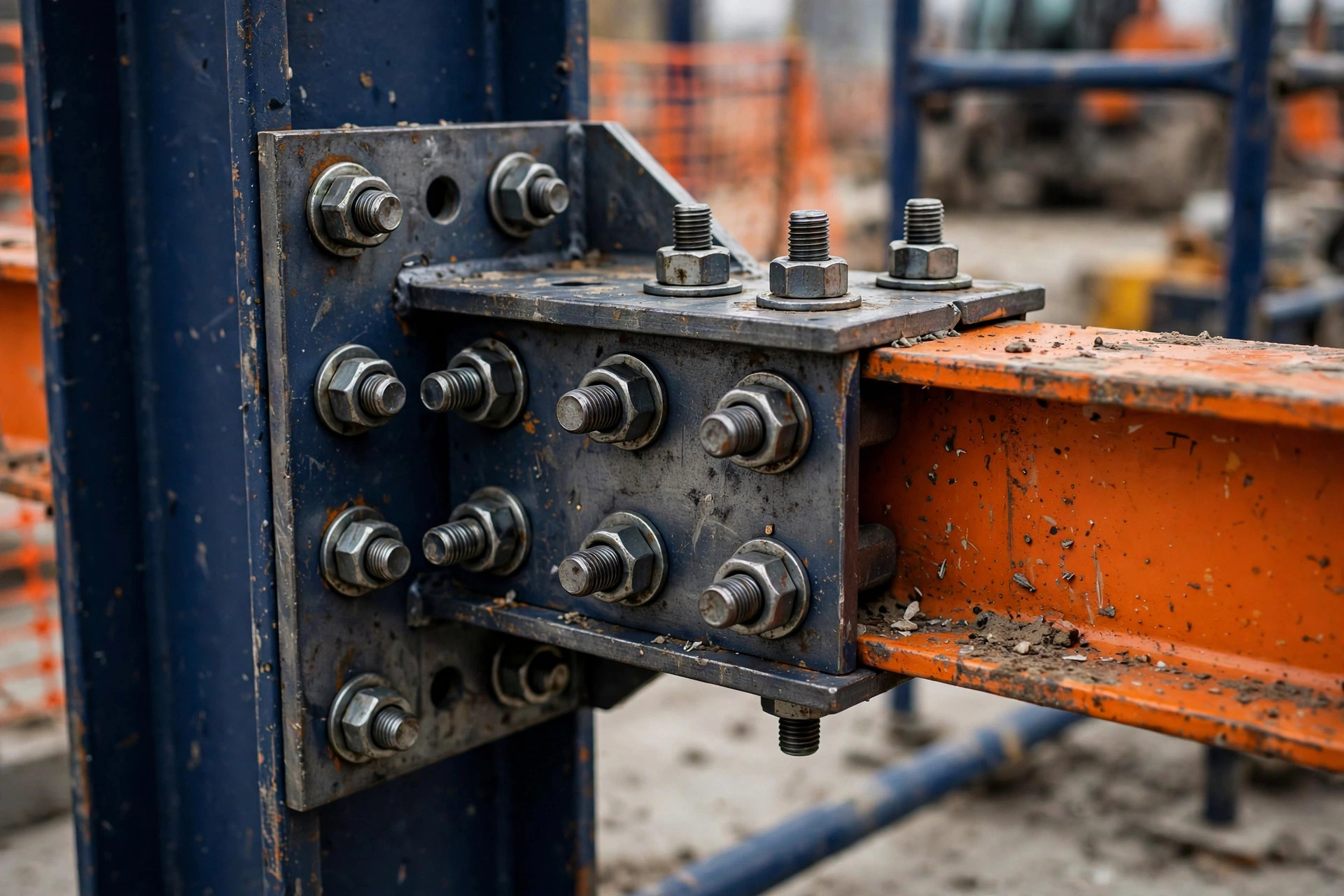 Bolted steel beam to column connection close-up