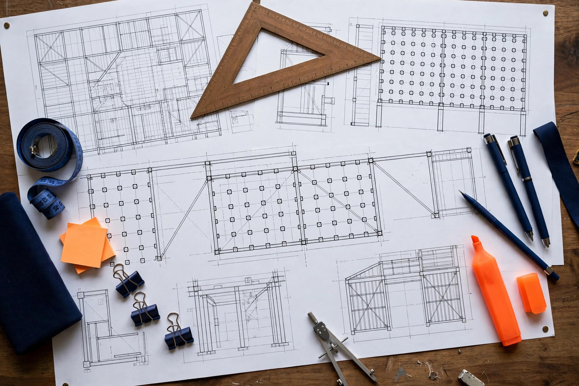 Structural steel framing plan drawings on desk