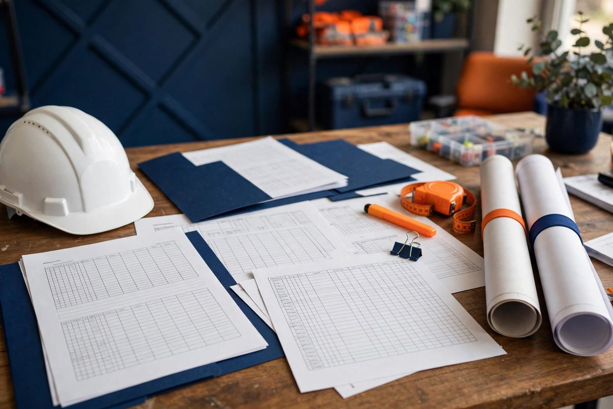 Construction estimate documents and quantity takeoff paperwork with hard hat