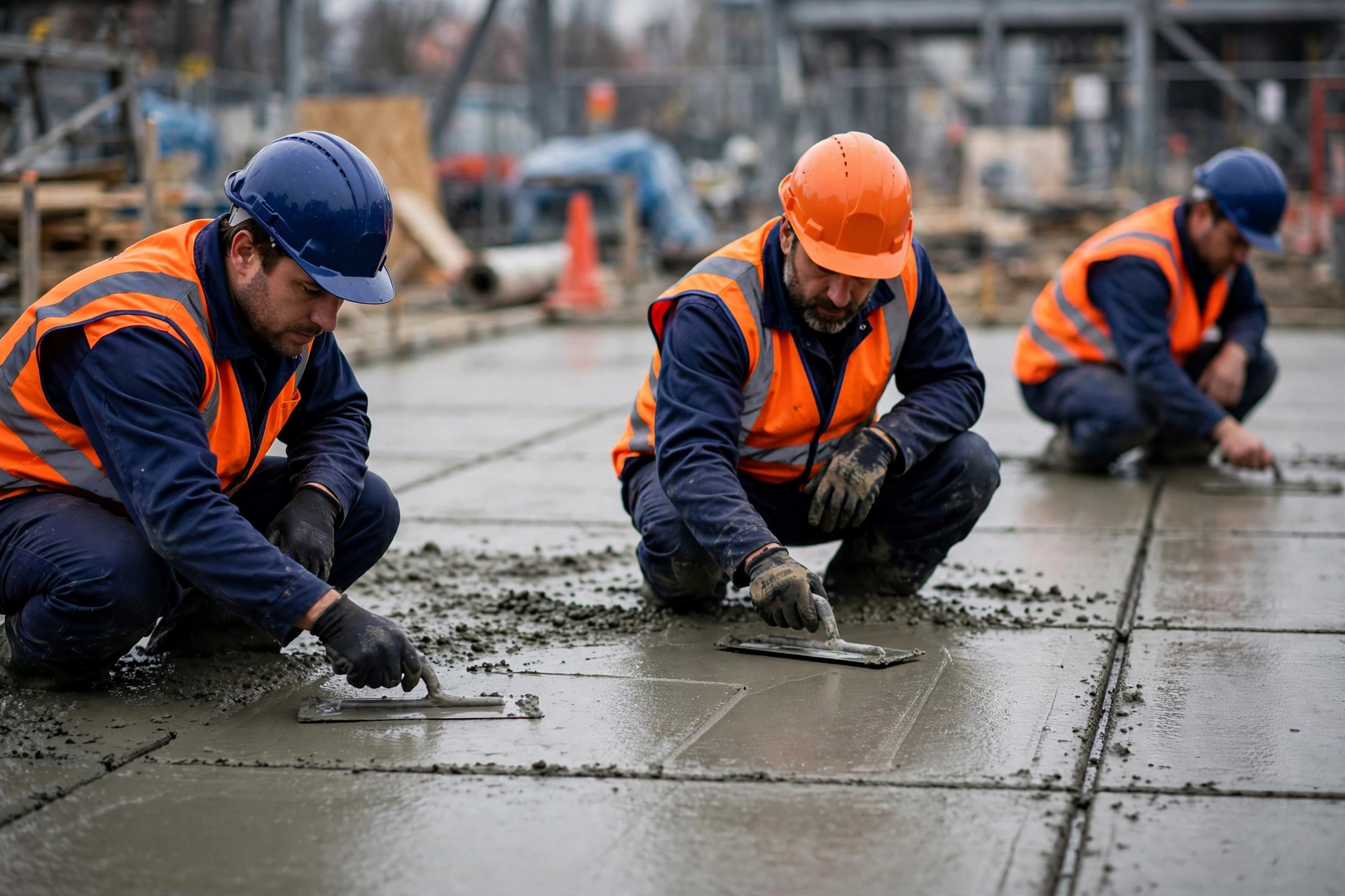 Workers finishing a freshly poured concrete floor slab with trowels