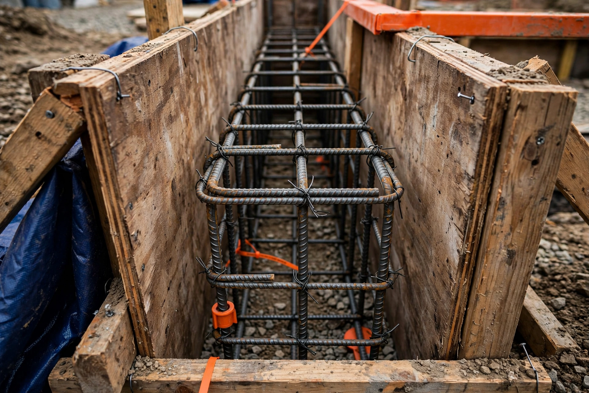 Concrete strip footing formwork with tied steel rebar cages before a pour