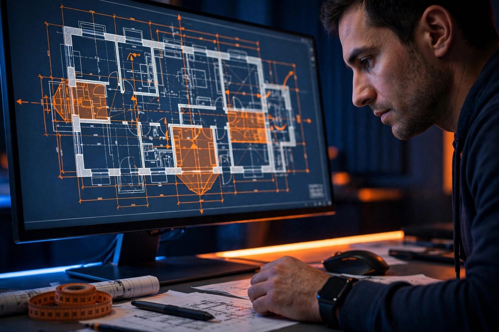 Estimator performing digital quantity takeoff on construction blueprints with measurement overlays