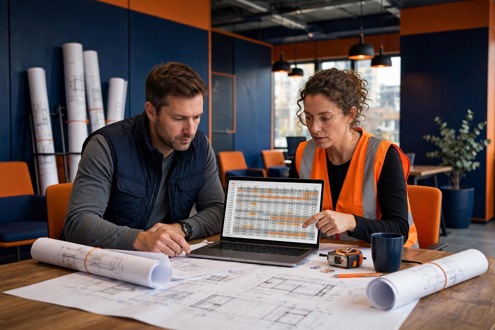 Construction professionals reviewing bid documents and cost estimate spreadsheet at a conference table