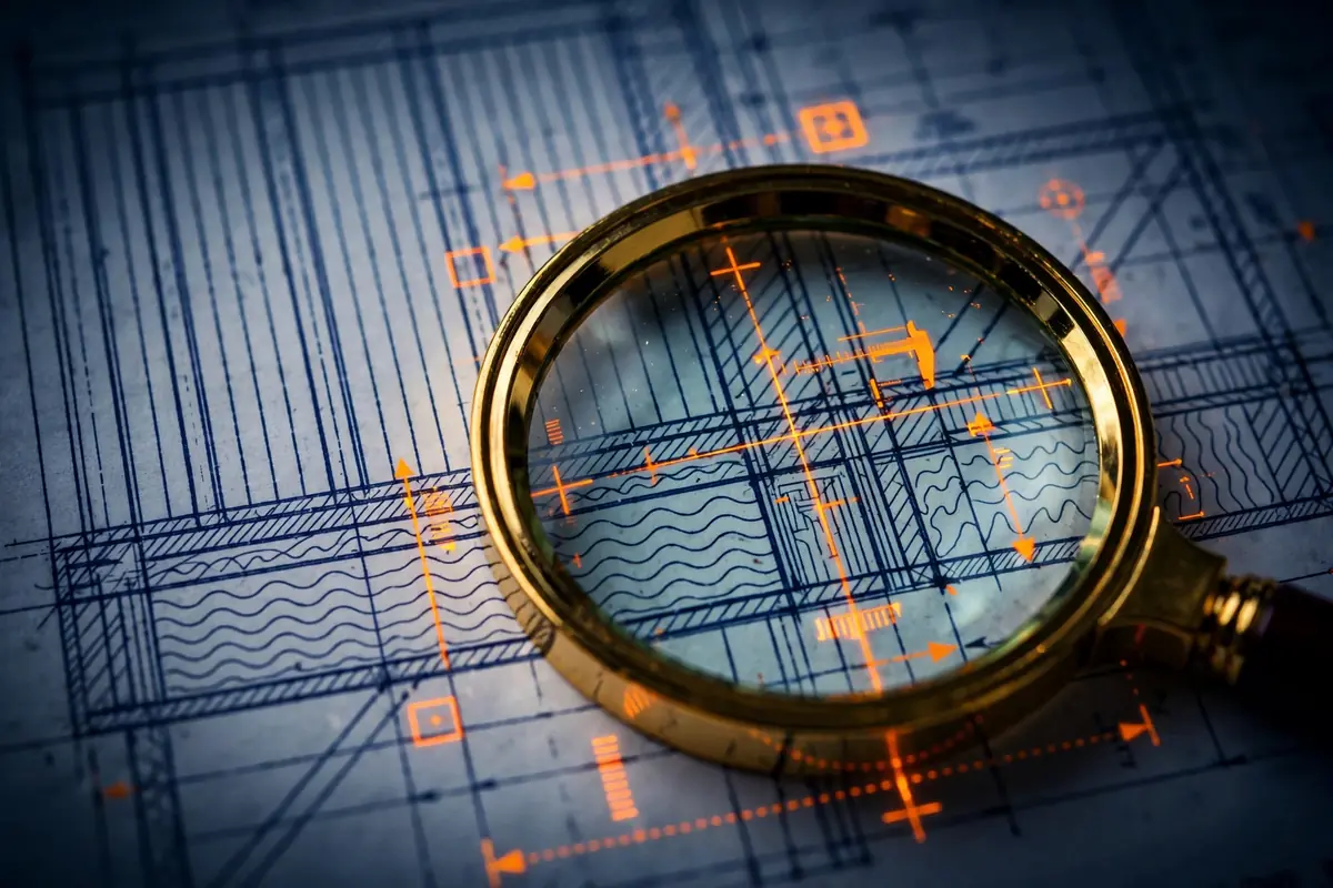 Magnifying glass over a construction detail drawing, showing scope items AI takeoff tools can miss