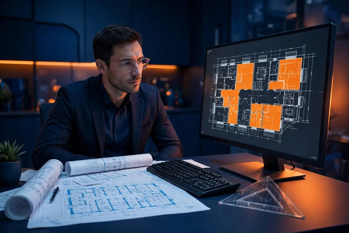 Estimator reviewing an AI-generated construction takeoff on a large monitor beside printed plans