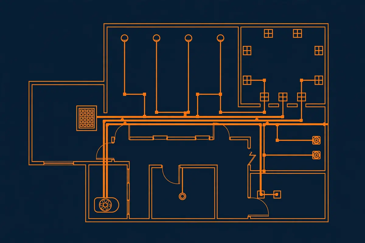 Diagram showing electrical conduit homerun routing paths from an electrical panel to devices across a commercial building section