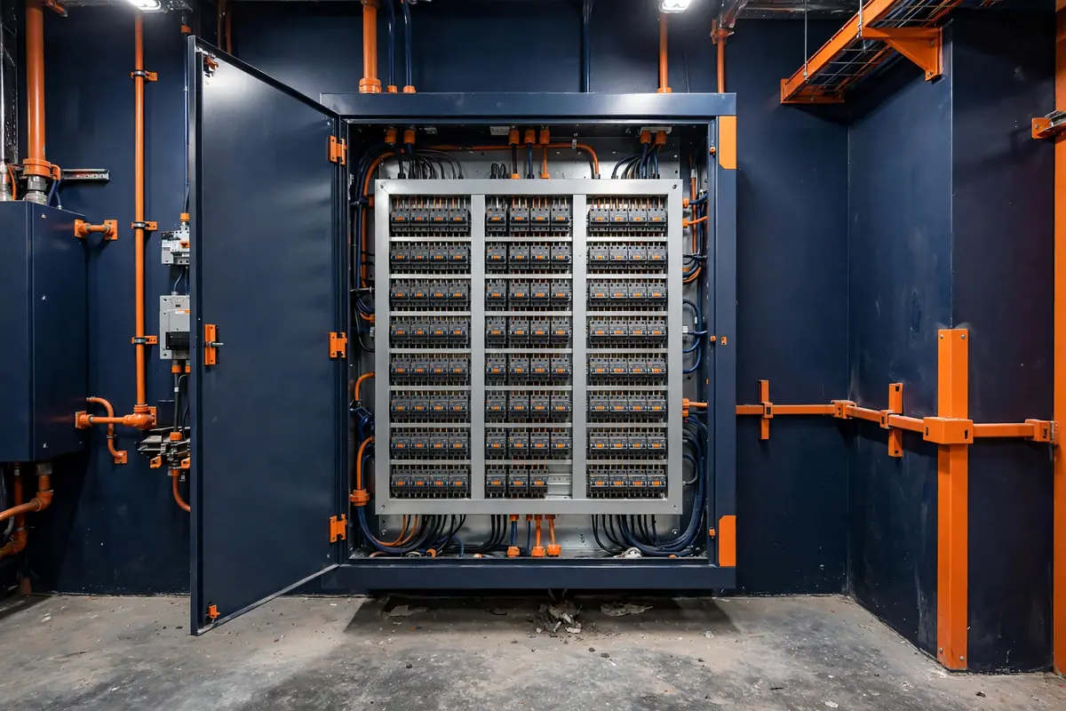 Commercial electrical panelboard with organized circuit breakers in an electrical room