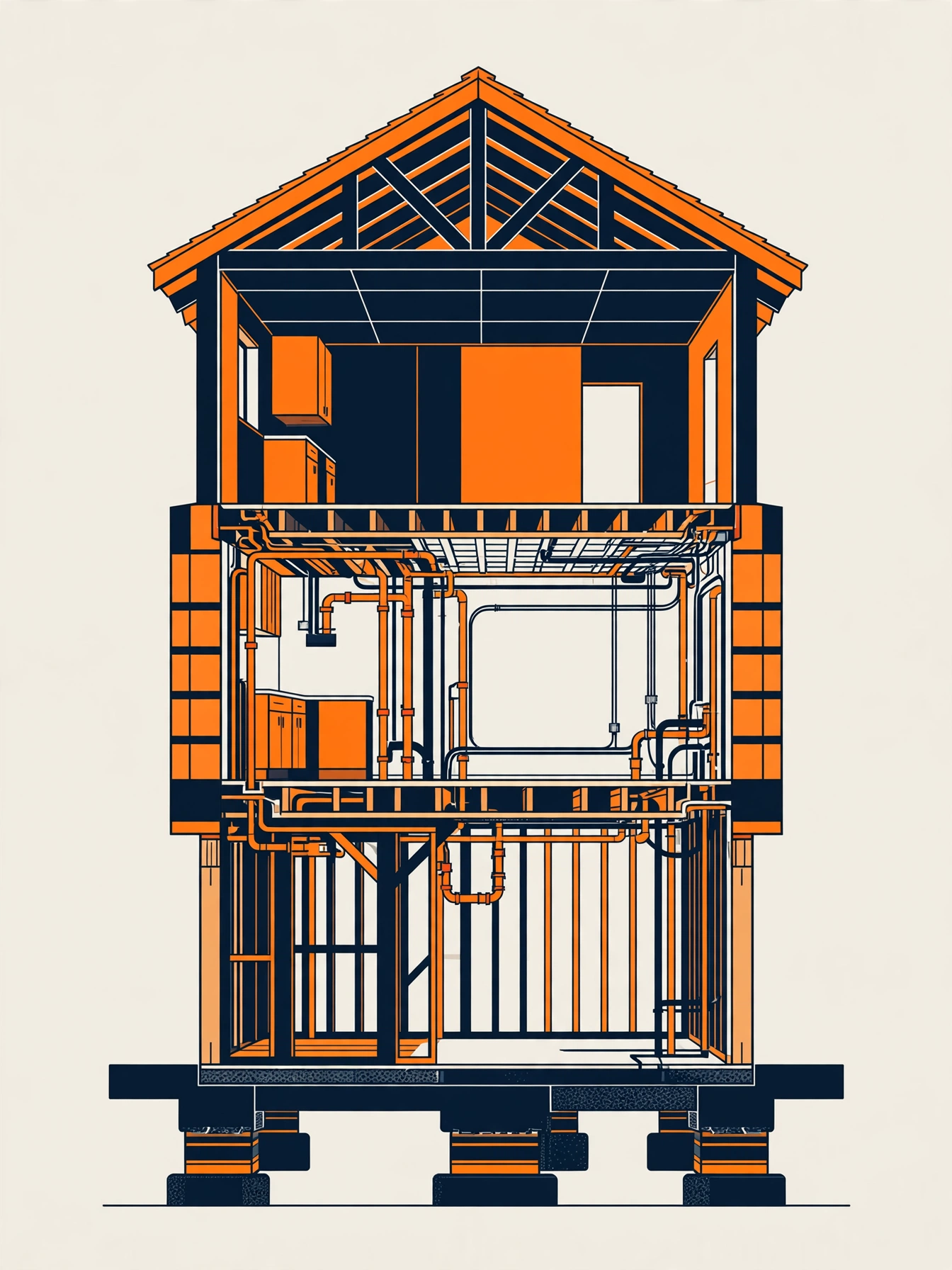 Illustrated cutaway diagram of a custom house color-coded by construction phase from foundation to roof