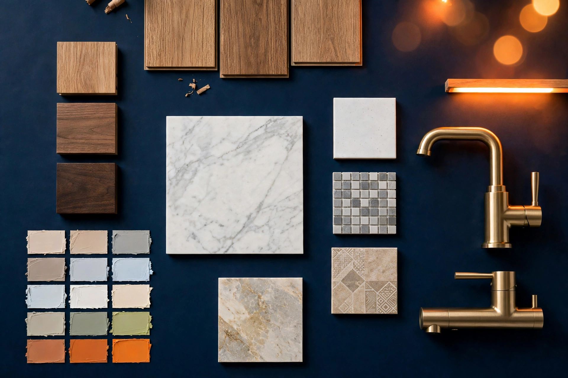 Flat-lay of interior finish material samples including wood flooring, tile, paint chips, and faucets for custom home selections