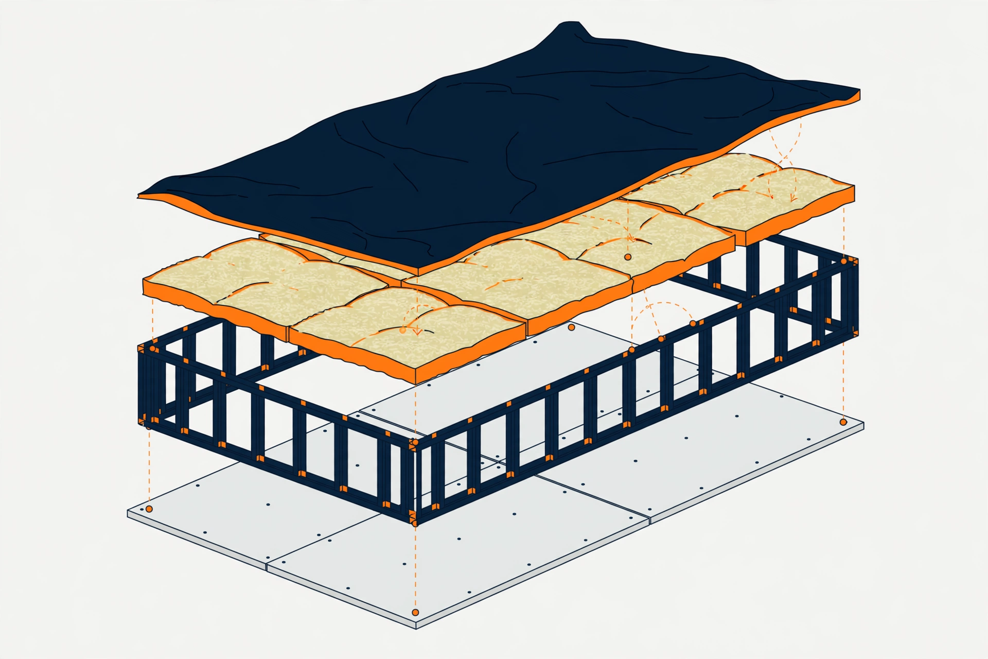 Exploded diagram of a commercial wall assembly showing studs, insulation, gypsum board and vapor barrier layers separating in sequence