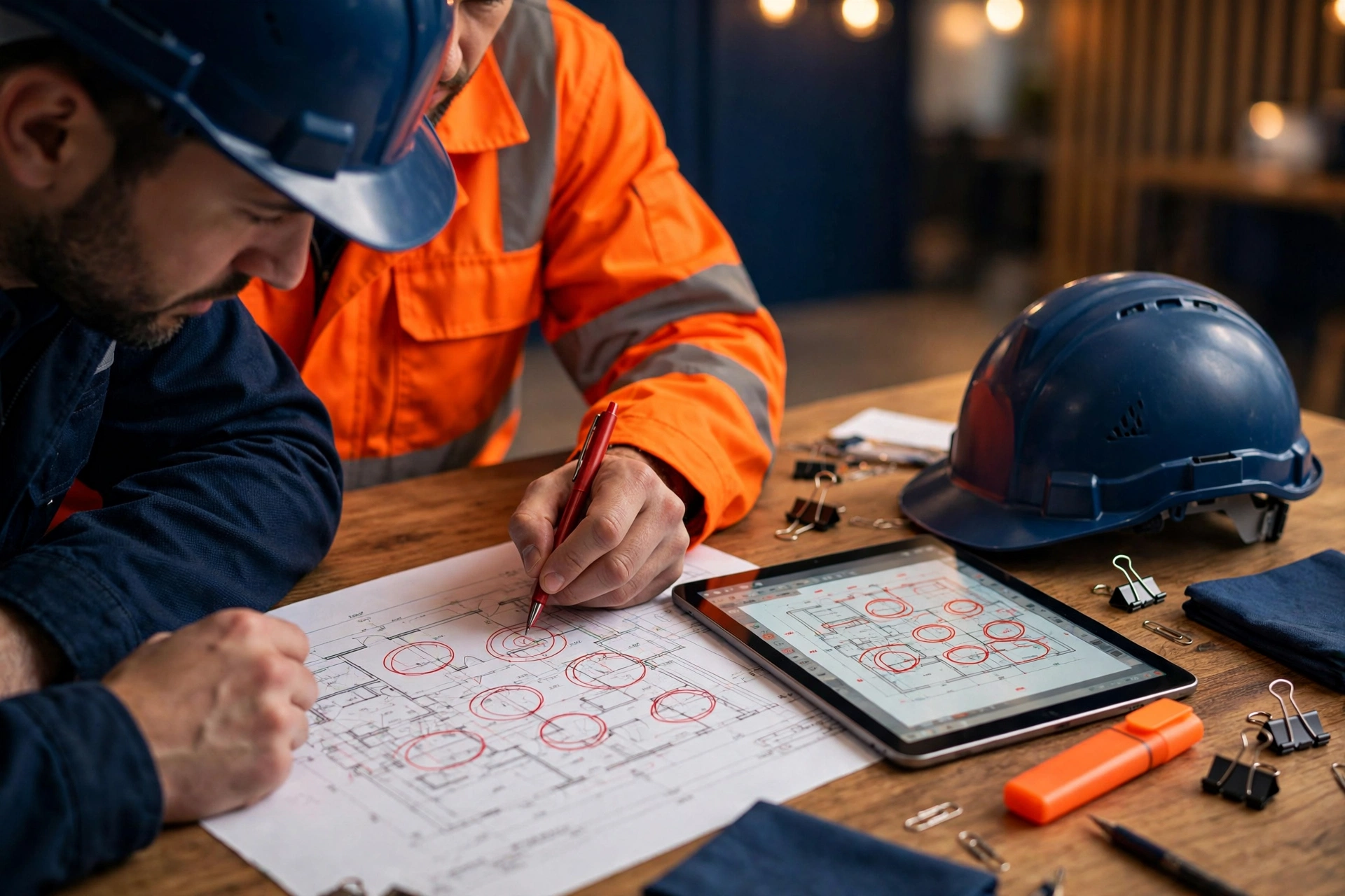 Two estimators marking up a construction drawing with red pen annotations during a plan review session