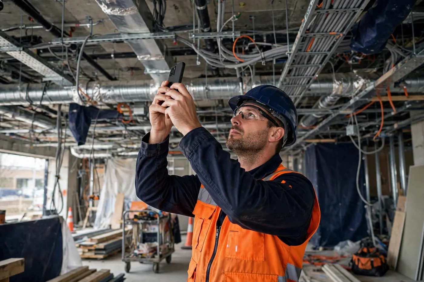 Construction foreman photographing installed work with a phone for change order documentation on an active jobsite