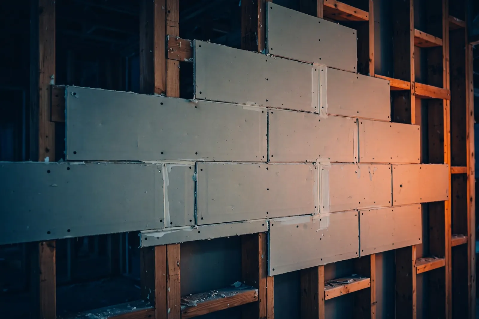 Drywall sheets hung in a staggered pattern on wooden wall framing on a construction site