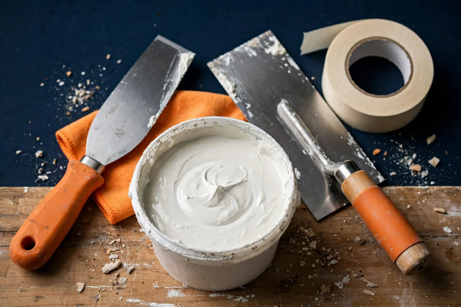 Drywall joint compound bucket with taping knife, trowel and a roll of paper joint tape