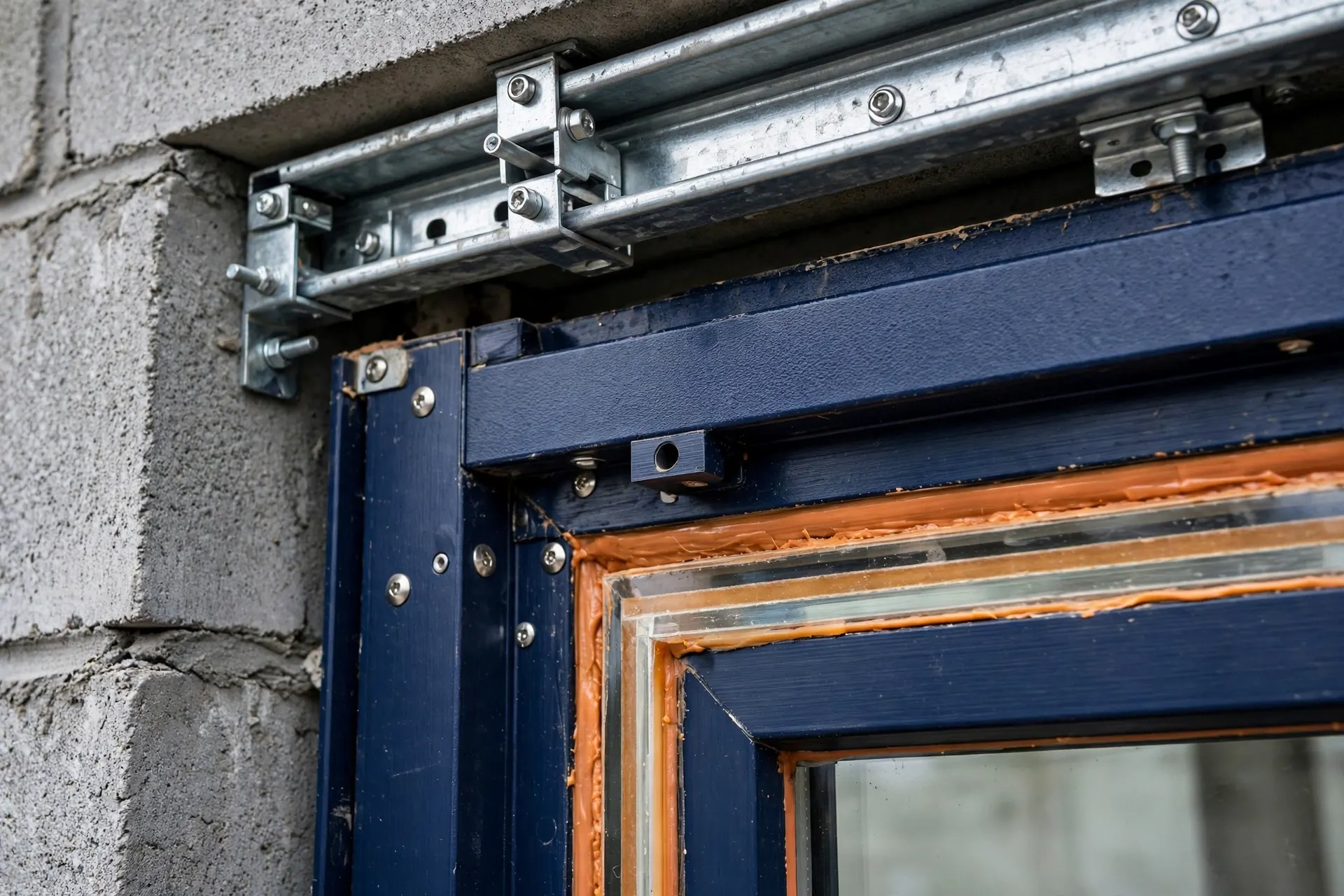 Close-up of a hurricane impact-rated window frame with metal shutter track on a concrete block wall