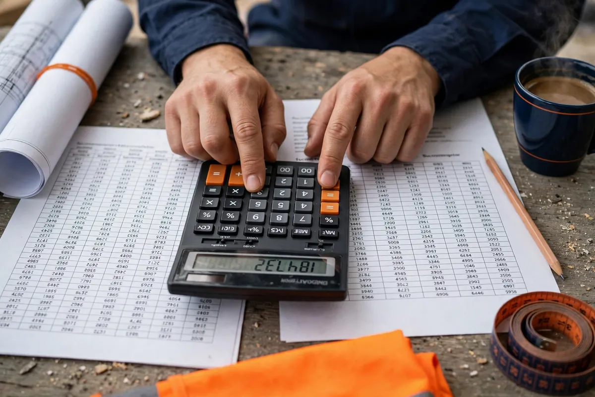 Estimator verifying subcontractor quotes against a quantity takeoff sheet and calculator on bid day