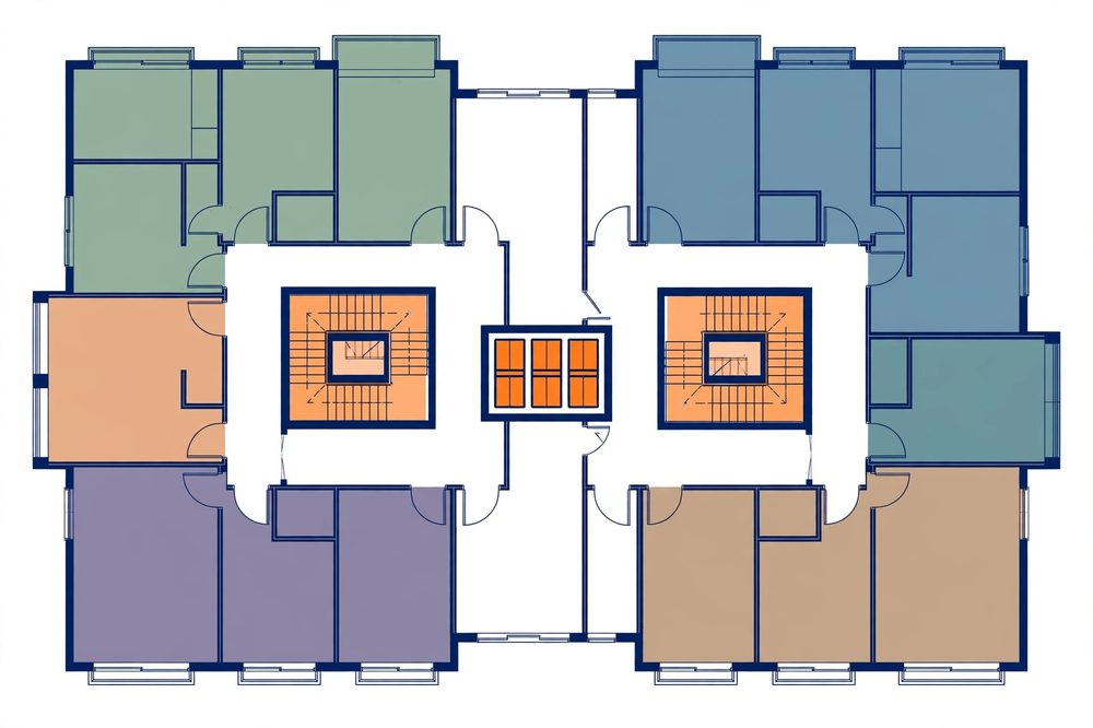 Floor plan diagram of a multifamily apartment floor showing different unit types, corridors, stairwells and elevator core for a takeoff
