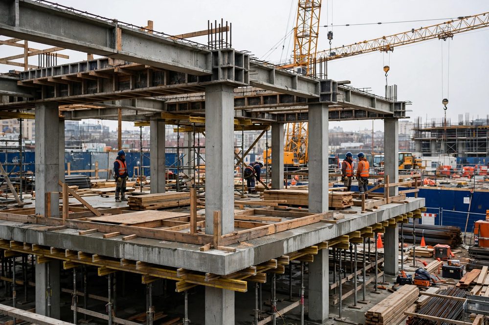 Concrete podium slab with columns and transfer beams under construction with wood framing starting above