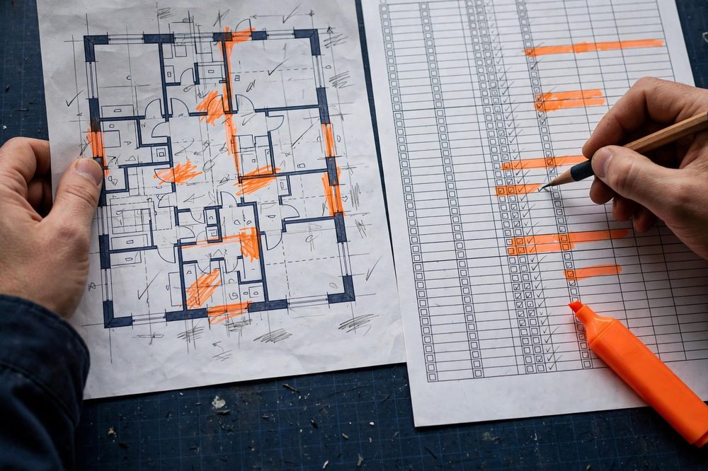 Estimator comparing a building floor plan with a door and fixture schedule sheet, with pencil annotations on paper