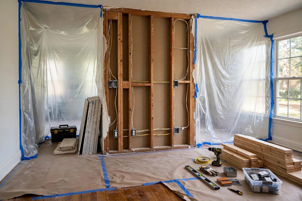 Opened wall during a home remodel showing framing and wiring, with protected hardwood floor and dust sheeting