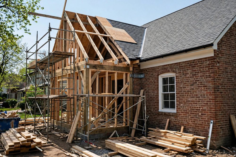 New timber framing for a house addition tied into an existing brick house, with roof framing meeting the existing roofline