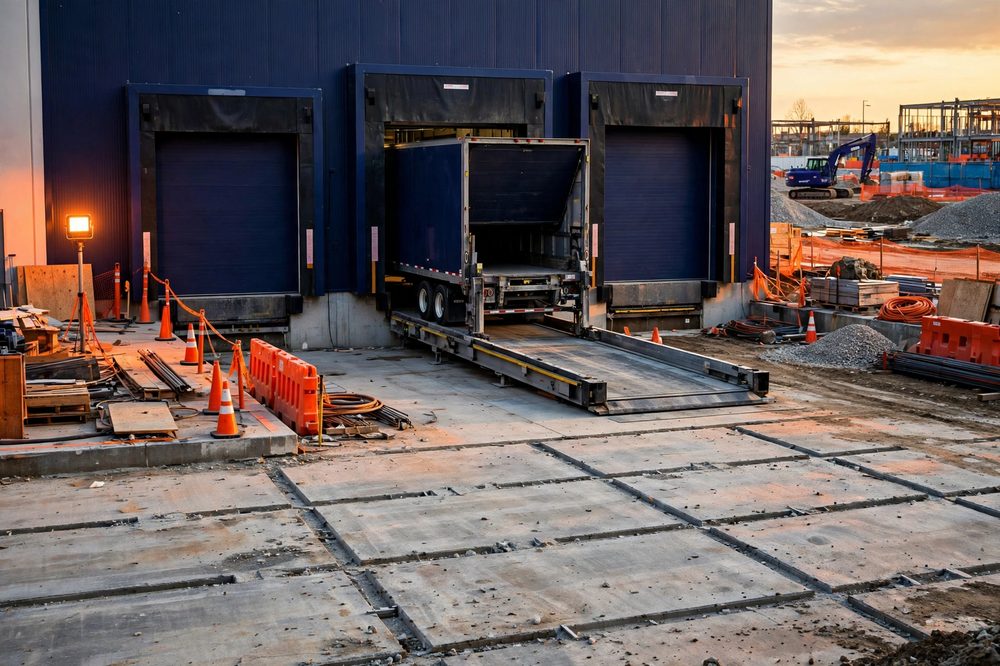 Warehouse loading dock with dock levelers, overhead dock doors, concrete slab joints and a truck backed into a dock door