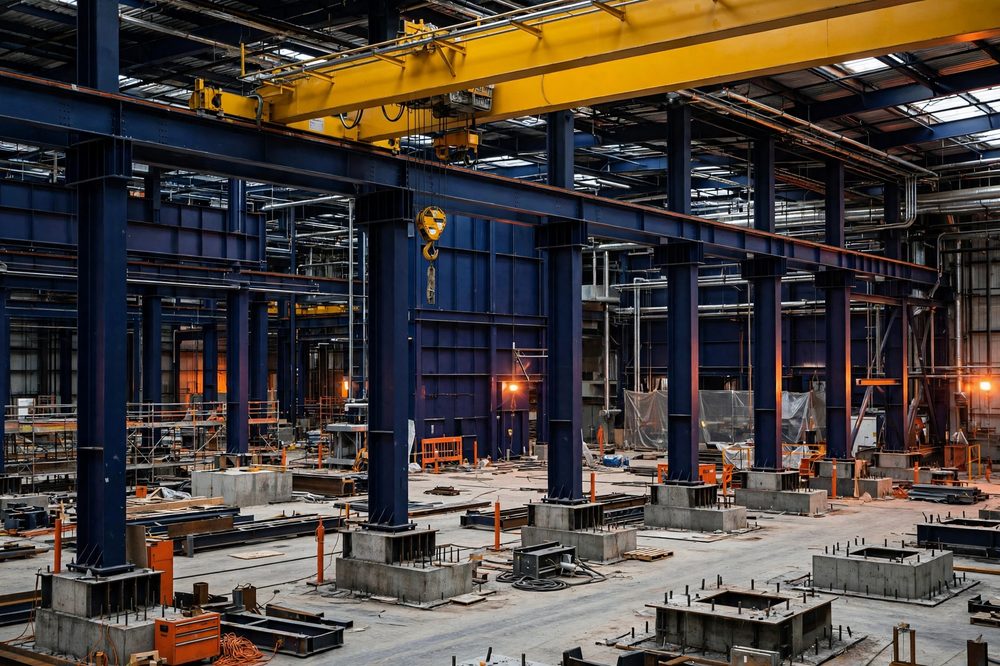 Manufacturing plant interior with an overhead bridge crane on runway beams, heavy equipment foundations and steel columns